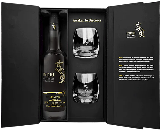 Gift Set Indian Single Malt Whisky Agneya 750ml with 2 Glasses
