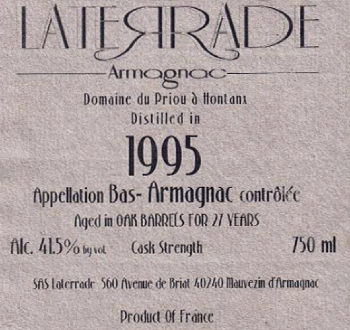 Vintage Armagnac, 'Domaine du Priou, 1995', Laterrade - Skurnik