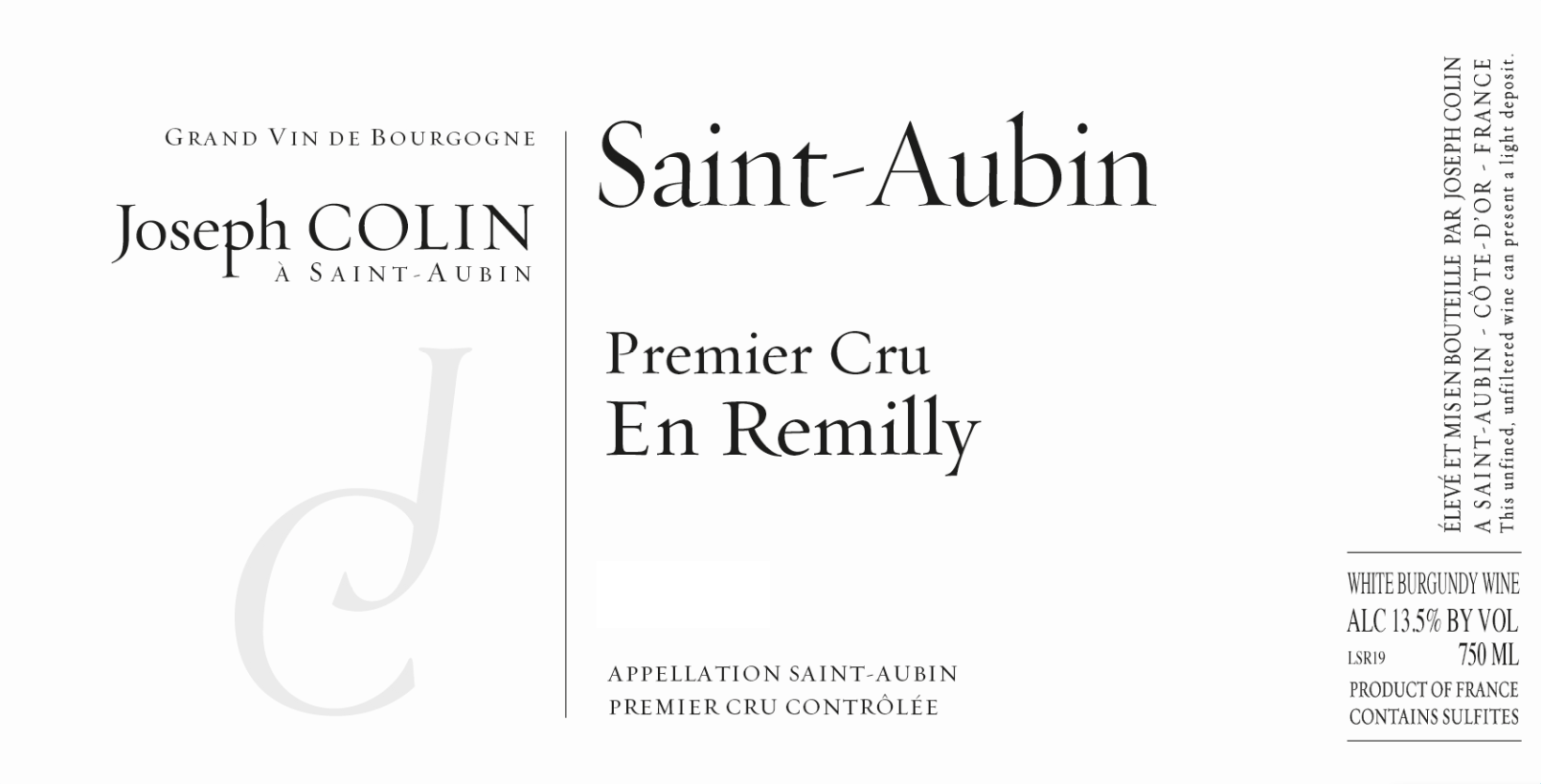 【白】Saint-Aubin 1er Cru 2018Joseph Colin 2018 Joseph Colin Saint-Aubin 1er Cru En Remilly Blanc