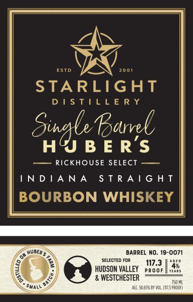 Indiana Straight Bourbon Whiskey Single Barrel Hudson ValleyWestchester Starlight Distillery