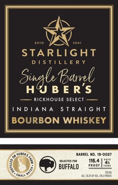 Indiana Straight Bourbon Whiskey Single Barrel Carl T Buffalo Starlight Distillery